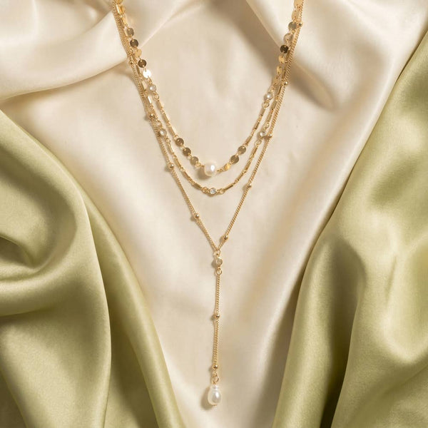 Layered Pearl Cz Lariat Drop Necklace