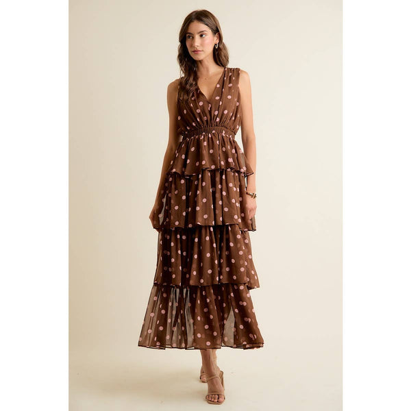 POLKA DOT CHIFFON TIERED MAXI LINED SLEEVELESS DRESS: BROWN/PINK