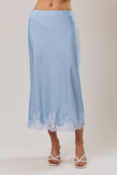 LACE APPLIQUE SATIN BIAS MIDI SKIRT: LT BLUE / S - Lulu Bella Boutique