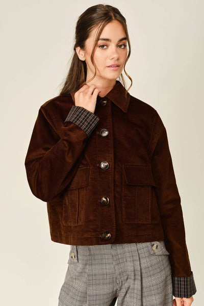 OXFORD CORDUROY BUTTON PLAID JACKET: BROWN