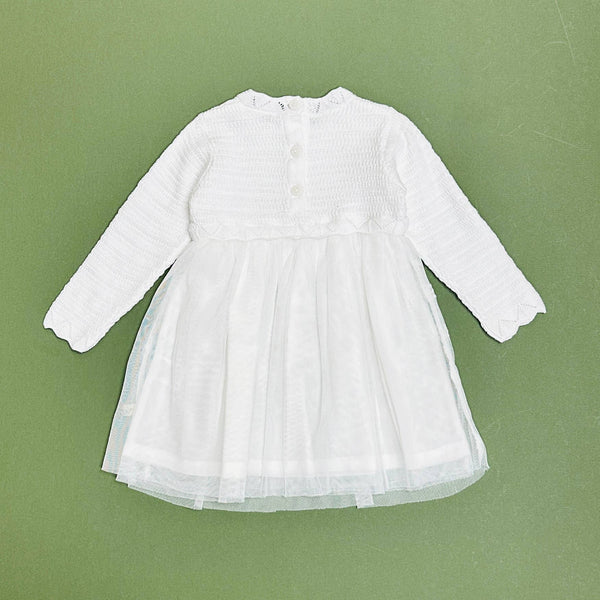 Milan White Floral Embroidered Tutu Knit Baby Dress Organic: Pure White