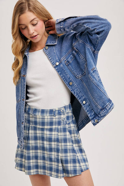 DENIM BUTTON DOWN OVERSIZED JACKET: MED.WASH / S - Lulu Bella Boutique