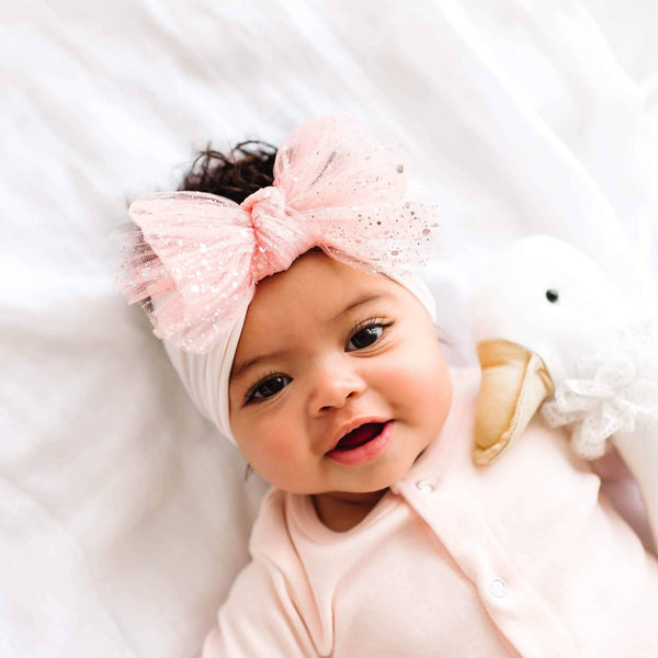 Baby Bling® Tulle FAB® soft nylon headband with tulle bow: Gingham Pink - Lulu Bella Boutique