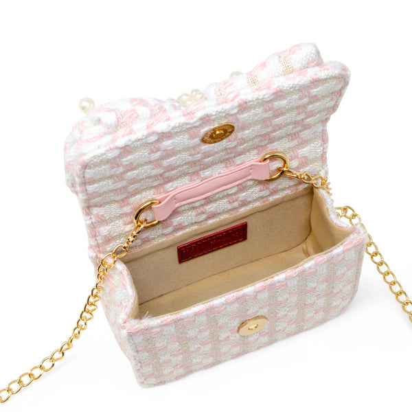 Girls Tweed Jumbo Pearl Bow Handbag: Pink