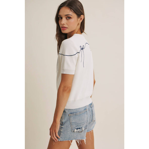 FRENCH MORNING BOW EMBROIDERED BUTTON-DOWN COTTON CARDIGAN: OFF WHITE / S - Lulu Bella Boutique