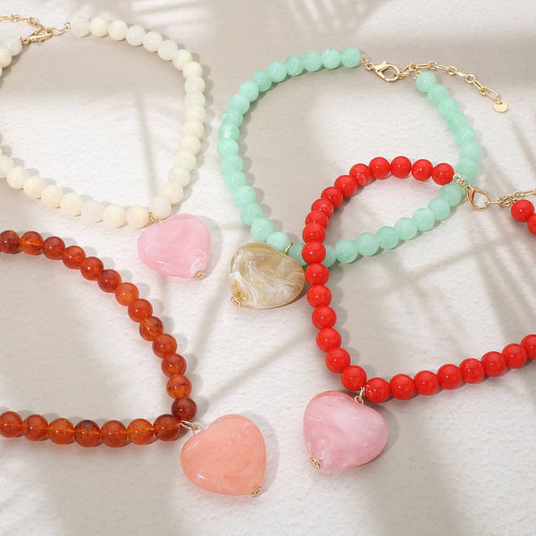 Chunky Marbled Resin Heart Charm Beaded Necklace: Rose