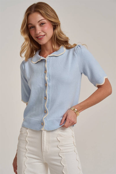SCALLOPED BUTTON FRONT CARDIGAN WITH PETER PAN COLLAR: BLUE/IVORY / S-M-L(2-2-2) - Lulu Bella Boutique