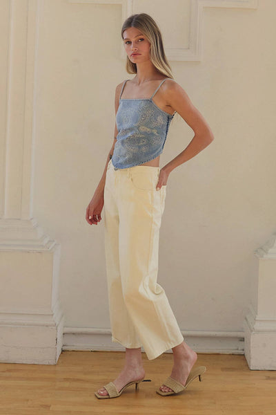 Denim Paisley Embroidery Bandana Top - RT1255: WASHED DENIM / S-M-L (3-2-1) - Lulu Bella Boutique