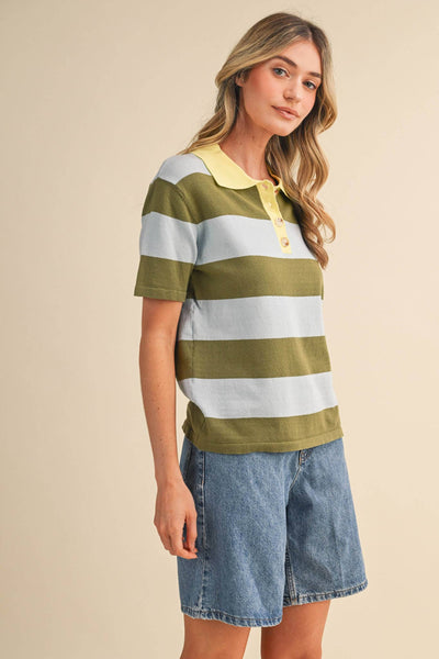 STRIPED SWEATER KNIT SHORT SLEEVE POLO MSW11339: BLUE SAGE / S - Lulu Bella Boutique