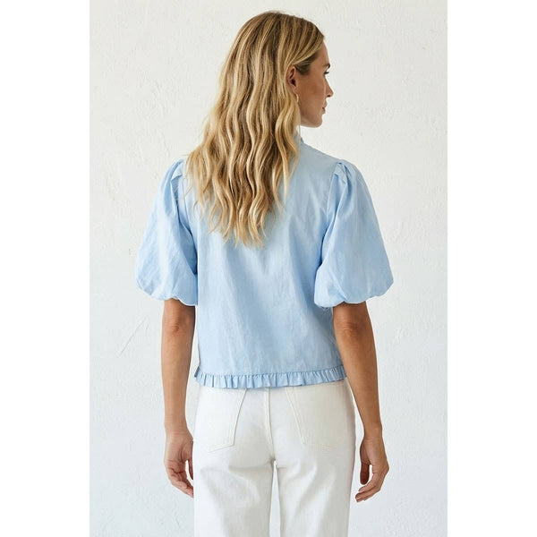 Ruffle Detail Bubble Sleeve Top: Blue / S - Lulu Bella Boutique