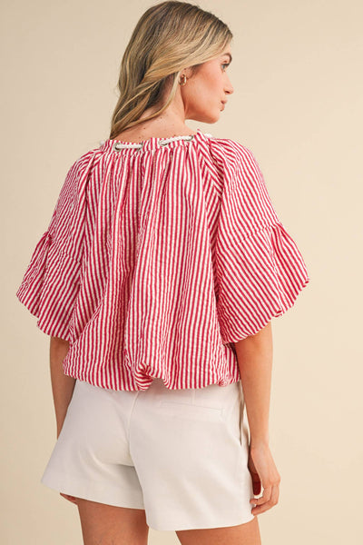 STRIPED BUBBLE TOP WITH GROMMET NECKLINE MTP4529: BERRY RED STRIPE / S - Lulu Bella Boutique