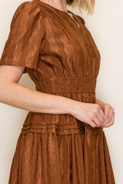 Smocked Waist Tiered Midi Dress: Brown