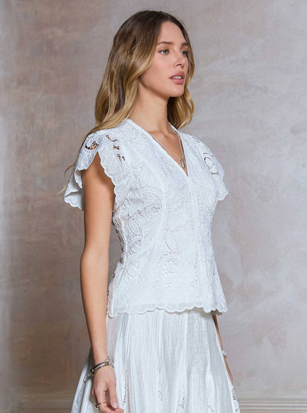 Lace Short Sleeve Peplum Blouse: White / XS - Lulu Bella Boutique