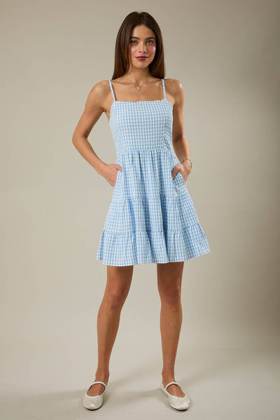 SQUARE NECK SHOULDER STRAP TIERED MINI DRESS: WHITE-BLUE GINGHAM / S - Lulu Bella Boutique