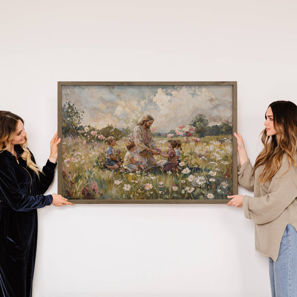 Jesus Christ with Children Meadow - Farmhouse Living Room : 12x18" Medium Canvas Art with Thick Wood Frame