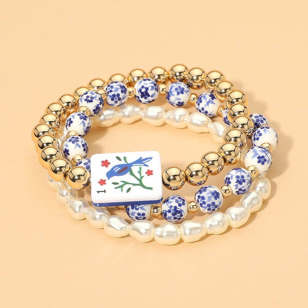 3PCS - Mahjong Charm Accent Floral Pearl Beaded Stretch Multi Layered Bracelets: Gold,Ivory