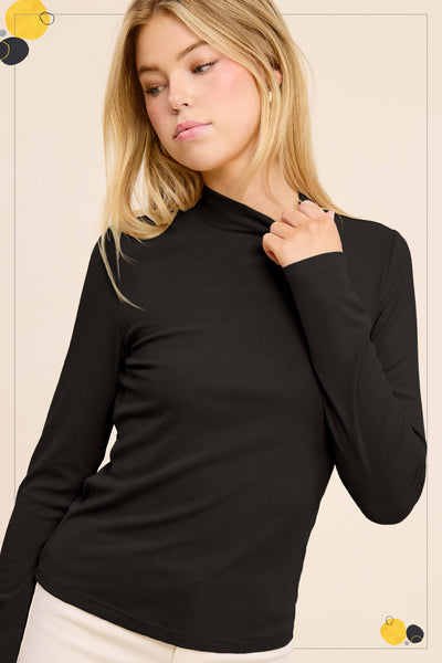 Stretchy Ribbed Long Sleeve Mock Neck Basic Top: Onyx / L