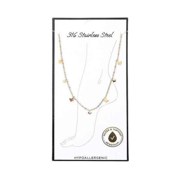 SECRET BOX_Stainless Steel Butterfly Charm Station Chain Anklet: Gold - Lulu Bella Boutique
