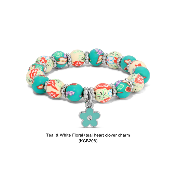 Kids Clay Beaded Stretch Charm Bracelets : Pink & Purple Floral+pink bow charm (KCB204) - Lulu Bella Boutique