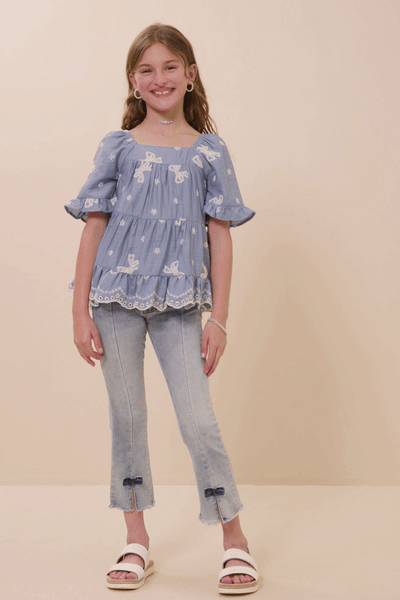 Girls Bow Embroidered Scallop Hem Peplum Top - Lulu Bella Boutique