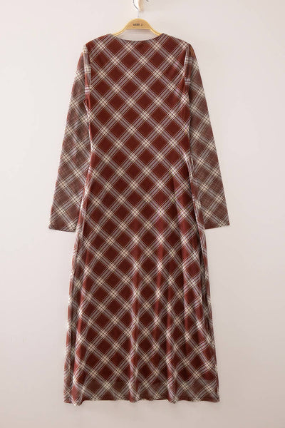 Plaid Long Sleeve Maxi Dress: BURGUNDY PLAID