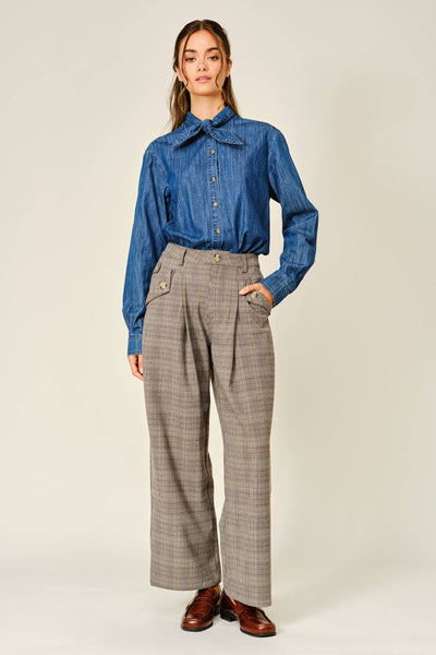 CLASSIC PLAID PLEATED PANTS: BROWN MULTI
