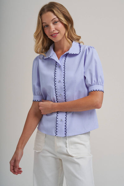 PIN STRIPE BLOUSE TOP WITH SCALLOP EDGE STITCHING DETAIL: BLUE/IVORY / S-M-L(2-2-2) - Lulu Bella Boutique