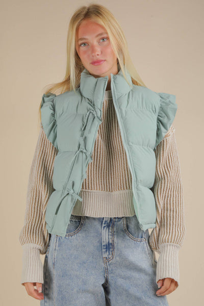 Front Bow Ruffle Sleeve Puffer Vest: SAGE