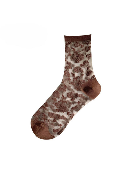 Elegant Bloom Sheer Lace Socks: Khaki