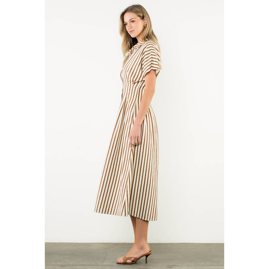 Striped Pintuck Button-Up Maxi Dress: BROWN / XS-S-M-L(1-2-2-1) - Lulu Bella Boutique