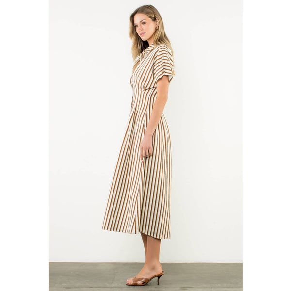 Striped Pintuck Button-Up Maxi Dress: BROWN / XS-S-M-L(1-2-2-1) - Lulu Bella Boutique