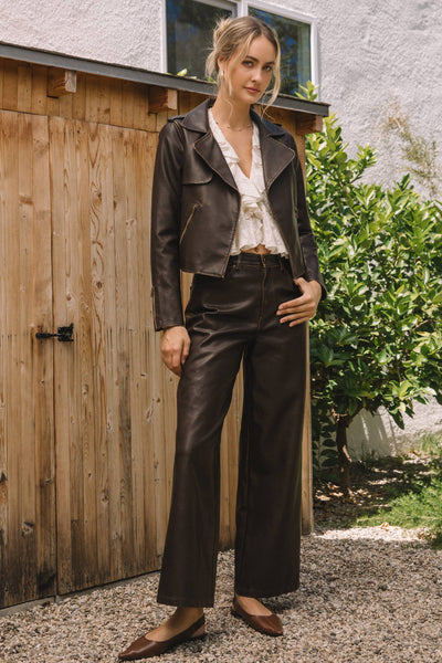 Distressed Faux Leather Moto Jacket: COCO BROWN / XS - Lulu Bella Boutique