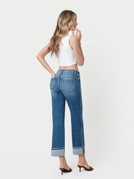 HIGH RISE MEDIUM DARK WASH CUFFED SLIM WIDE JEANS F5992: DARK STONE / 26 - Lulu Bella Boutique