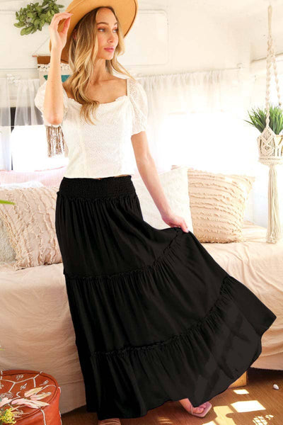 Smocked Waisted Flowy Tiered Boho Maxi Skirts VS73053: Black / S - Lulu Bella Boutique