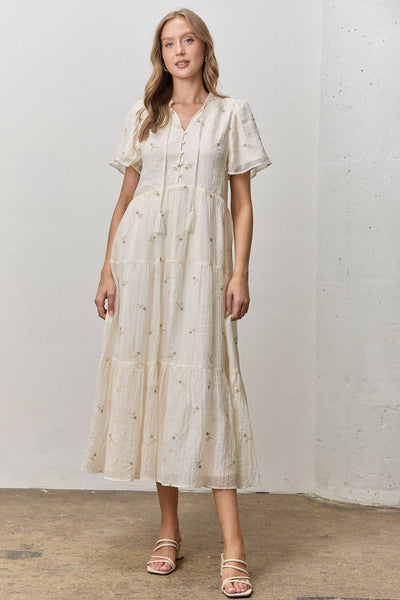 FLORAL EMBROIDERED MIDI DRESS: CREAM MULTI / S - Lulu Bella Boutique