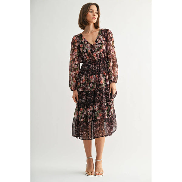 MIX FLOWER V NECK MIDI DRESS: Burgundy