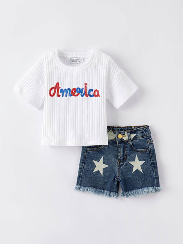 Girls “America”Top+Denim Shorts Set: 6 - Lulu Bella Boutique