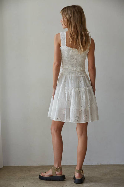 L9316 | Woven Cotton Eyelet Smocked Sleeveless Mini Dress: White / 3S-2M-1L - Lulu Bella Boutique