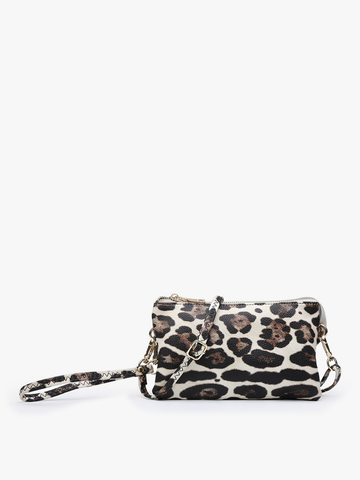 M013LP Riley Leopard 3 Compartment Crossbody/Wristlet: Snow Leopard - Lulu Bella Boutique