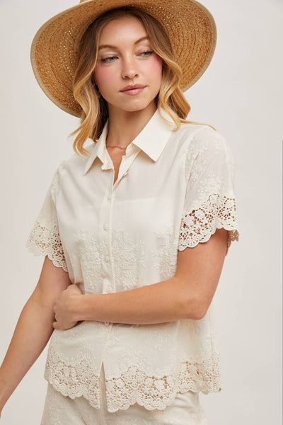 Embroidered Lace Trimmed Button Down Shirt: NATURAL - Lulu Bella Boutique