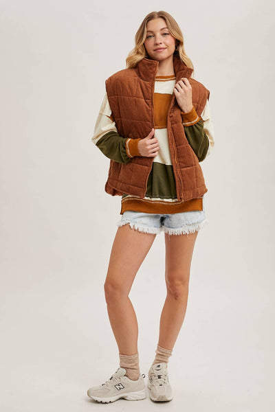 CORDUROY QUILTED PUFFER VEST: CAMEL / M