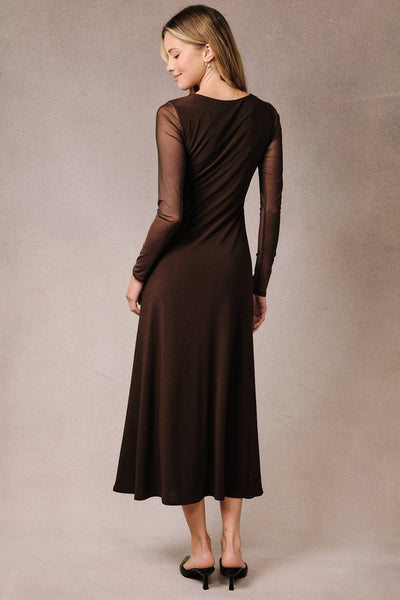 Asymmetric Cowl Neck Sheer Mesh Sleeve Bodycon Midi Dress: DK BROWN