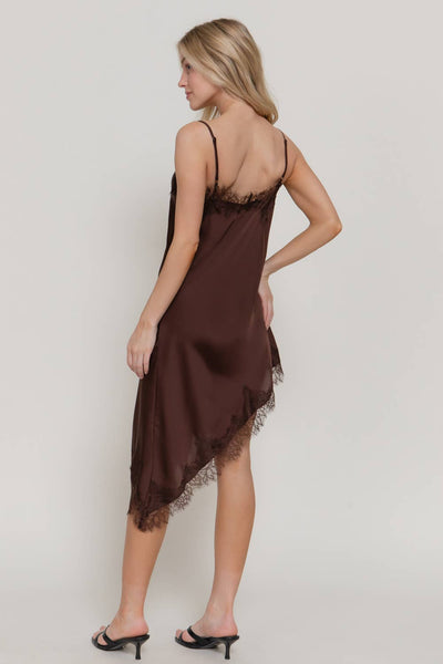V-neck Asymmetric Lace Satin Dress: Brown