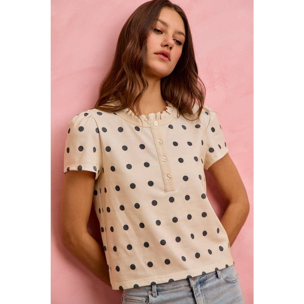 POLK-A-DOT KNIT LACE TRIM ON NECKLINE SHORT TOP: OFF WHITE/BLACK / S - Lulu Bella Boutique