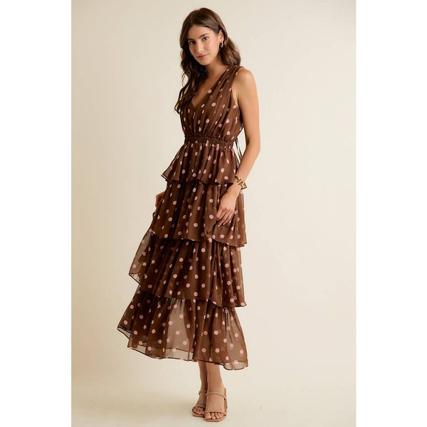 POLKA DOT CHIFFON TIERED MAXI LINED SLEEVELESS DRESS: BROWN/PINK
