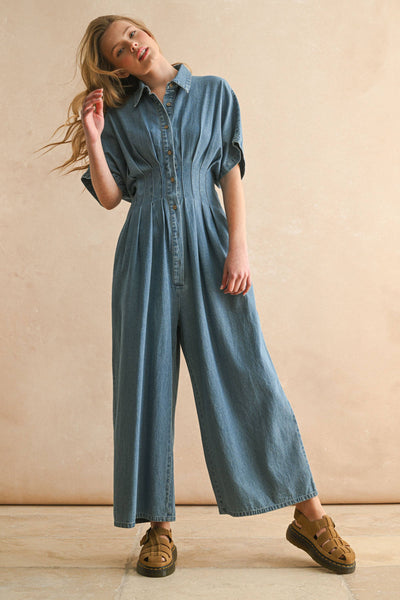 JU5542   CHAMBRAY DENIM BUTTON DOWN JUMPSUIT: DENIM / S - Lulu Bella Boutique