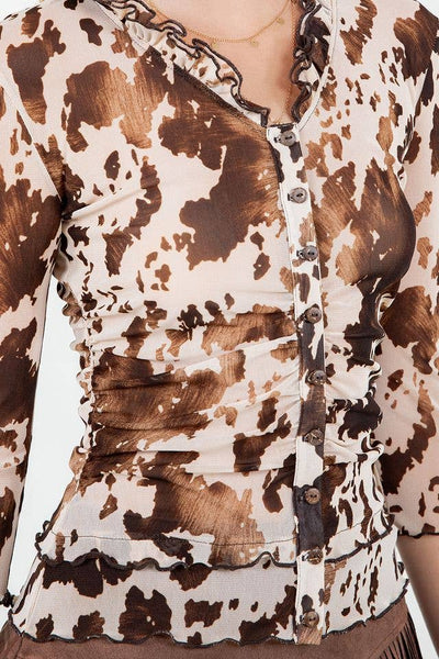 Cow Print Button Down Mesh Top - Lulu Bella Boutique