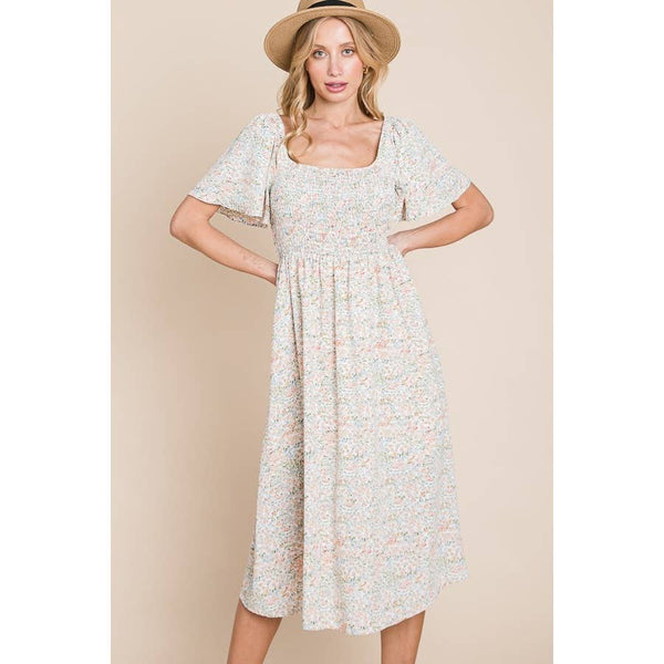 Floral Print Square Neck Smocked Midi Dress: Cream - Lulu Bella Boutique