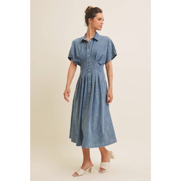 STRETCHY DENIM MIDI DRESS WITH MINERAL-WASHED: WASHED DENIM / L - Lulu Bella Boutique