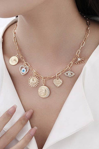 CHARM NECKLACE-SUN EVIL EYE HEART HAMMERED DISC | 40NK365: Gold